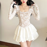 2025 style popular winter new women's clothing exquisite lace hollow lace contrasting color splicing long-sleeved dress