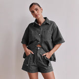 2025 Popular trade New  summer,  women's clothing casual retro loose shirt denim shorts set