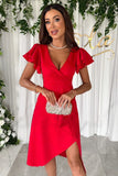 Popular trade 2025 women's clothing popular summer new sexy V-neck pleated waist lotus leaf sleeve solid color dress