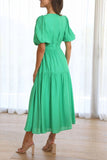 woloong Lantern Sleeve V-neck Cinched Waist Midi Dress