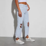 2025 Hot trade  New women's clothing ripped jeans casual loose high-waisted straight-leg pants fashion temperament washed trousers
