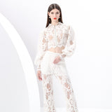 women's clothing  early spring new vacation style stand-up collar hollow lace lantern sleeve top trousers two-piece set