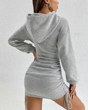 woloong Hooded Drawstring Ruched Sweatshirt Dress