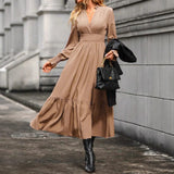 Popular trade 2025 women's clothing  popular spring and autumn fashion solid color lantern long-sleeved V-neck pendulum dress
