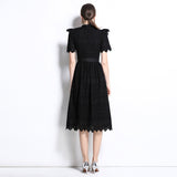 summer new  retro niche stand-up collar ruffle edge splicing waist hollow embroidery short-sleeved dress