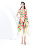 Women's Clothing  Early Spring - Vacation Wrap Lace-Up Style V-Neck Sleeveless Long Vintage Printed Dress