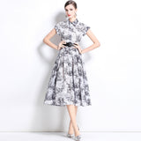 niche retro print dress women's fashion elegant lapel single-breasted waist and thin knee shirt skirt