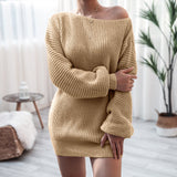 woloong Long-sleeved One-piece collar Loose Knit Sweater Dress