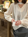 2025  Spring New Korean Edition Temperament Ribbon V-Neck Temperament Advanced Sense Inner Shirt Women 2506