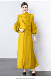 Elegant bead three-dimensional flower dress women's spring pleated bubble sleeve disc flower large size elastic slim dress