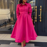 WOLOONG D532  2025 women's clothing New autumn new large pendulum solid color lapel long-sleeved A-shaped dress African dress