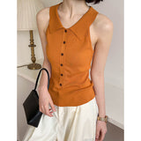 2025  spring new polo collar vest women's wear chic slim lapel sleeveless short top 061-1