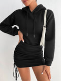 woloong Hooded Drawstring Ruched Sweatshirt Dress