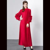 Large petal disc flower stand-up collar pleated long dress women's Miyake loose pendulum long-sleeved coffee break dress wedding banquet