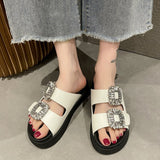 WOLOONG Women's Square Buckle Rhinestone Double Strap Platform Slippers