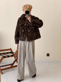 2025 friendly mink solid color lapel horn buckle high-end imitation beard wool coat ferret fox fur coat female autumn and winter