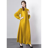 Large petal disc flower stand-up collar pleated long dress women's Miyake loose pendulum long-sleeved coffee break dress wedding banquet