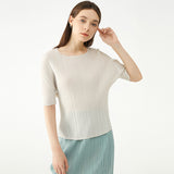 Miyake summer new Korean version simple basic solid color round neck pleated t-shirt slim and thin bottoming shirt top