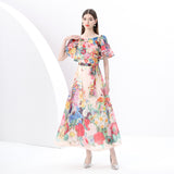 women's clothing  early spring - painted holiday one-word shoulder pleated ruffle edge holiday printed long dress