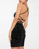 woloong Sequin Halter Backless Bodycon Mini Dress