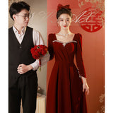 Toast Bride  New Burgundy Engagement Dress One Shoulder Long Sleeve Velvet Wedding Atmosphere Women