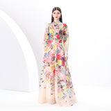 women's clothing  early spring new vacation style stand-up collar high waist shoulder sleeves wide pendulum retro printing skirt
