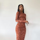 WOLOONG 2025 style New women's clothing 2023 autumn new long-sleeved skirt printed round neck slim-fitting medium and long dress women