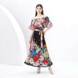 women's clothing  early spring - painted holiday one-word shoulder pleated ruffle edge holiday printed long dress