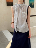 2025  Spring New Hot Style Korean Loose Chic Bow Sleeveless Striped Shirt 8106