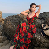 2025 Holiday style chiffon floral dress female sweet fairy belt big halter skirt thin beach temperament long dress