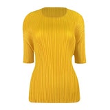 Miyake summer new Korean version simple basic solid color round neck pleated t-shirt slim and thin bottoming shirt top