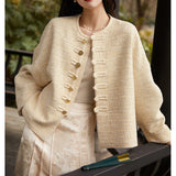 2025 Textured new Chinese-style Xiaoxiangfeng jacket, high-end national-style tweed, spring women's clothing short white spring and autumn styles