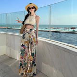 2025 Dopamine graffiti print wide-leg pants women's summer seaside wear high-waisted beach culottes drape split-ended color pants