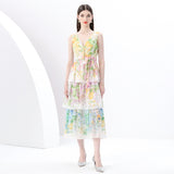 Early Spring - Vacation Style V-Neck Sleeveless Wide Swing Wave Edge Cake Floral Print Long Dress