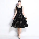 retro square collar sleeveless heavy industry bronzing jacquard waist pendulum dress socialite elegant dress long dress