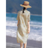 Chinese style ramie cotton dress women's summer fresh and chic cotton and linen women's clothing stand-up collar buckle high-end dress
