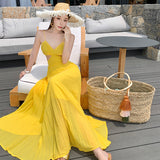 2025 Thailand seaside vacation beach dress to ankle atmosphere waist thin bright yellow beautiful suspender dress