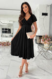 Popular trade 2025 women's clothing popular summer solid color sexy V-neck pleated waist bubble sleeve big pendulum dress