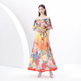 women's clothing  early spring - painted holiday one-word shoulder pleated ruffle edge holiday printed long dress