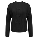 New Chinese style light national style spring new women's round neck fashion solid color shirt with long sleeve pleated top