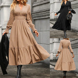 Popular trade 2025 women's clothing  popular spring and autumn fashion solid color lantern long-sleeved V-neck pendulum dress