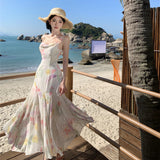 2025 Tea break beautiful  temperament floral suspender seaside vacation fishtail dress waist Sanya thin beach dress