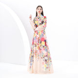 women's clothing  early spring new vacation style stand-up collar high waist shoulder sleeves wide pendulum retro printing skirt