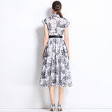 niche retro print dress women's fashion elegant lapel single-breasted waist and thin knee shirt skirt