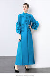 Elegant bead three-dimensional flower dress women's spring pleated bubble sleeve disc flower large size elastic slim dress