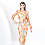 women's clothing  early spring - retro style stand-up collar long-sleeved slim-fit hip-wrapped medium and long three-dimensional embroidery dress