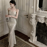 2025 Design sense niche  streamer silver sequins banquet atmosphere suspender dress long dress temperament inner dress