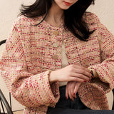 2025 New Chinese tweed jacket, high-end small fragrant round neck top  spring and autumn single-breasted long-sleeved short models