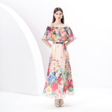 women's clothing  early spring - painted holiday one-word shoulder pleated ruffle edge holiday printed long dress