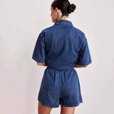 2025 New retro casual loose pocket short-sleeved shirt shorts denim two-piece set